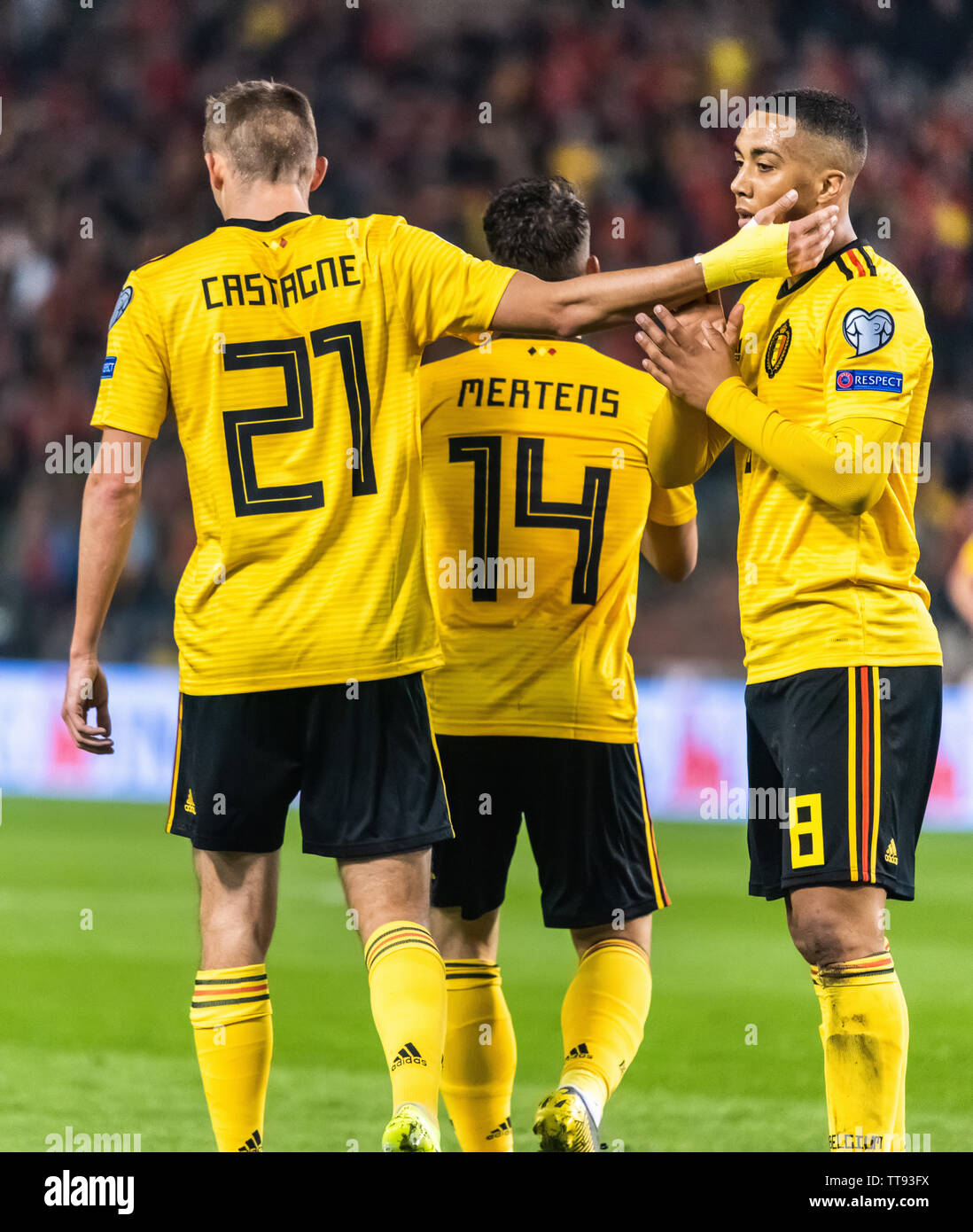 Brussels, Belgium - March 21, 2019. Belgium national football team players Timothy Castagne, Dries Mertens and Youri Thielemans celebrating a goal sco Stock Photo