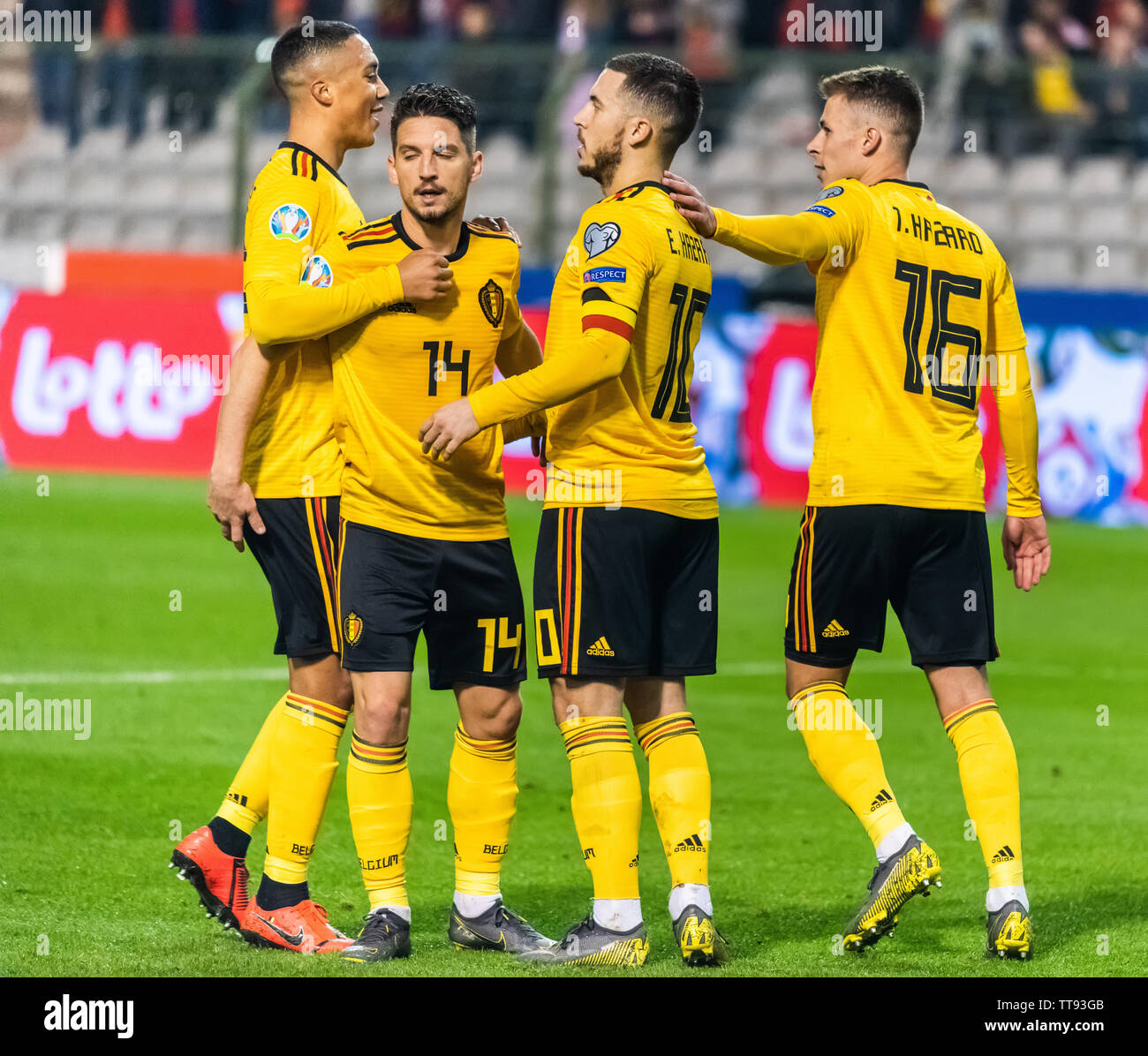 Brussels, Belgium - March 21, 2019. Belgium national football team players Youri Thielemans, Dries Mertens, Eden Hazard and Thorgan Hazard celebrating Stock Photo