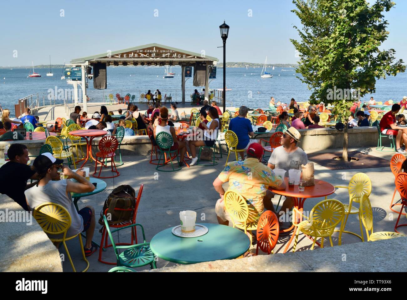 The Memorial Union Terrace At The University Of Wisconsin Campus With A Rainbow Of Colored Chairs Overlooking Lake Mendota Madison Wisconsin Usa Stock Photo Alamy
