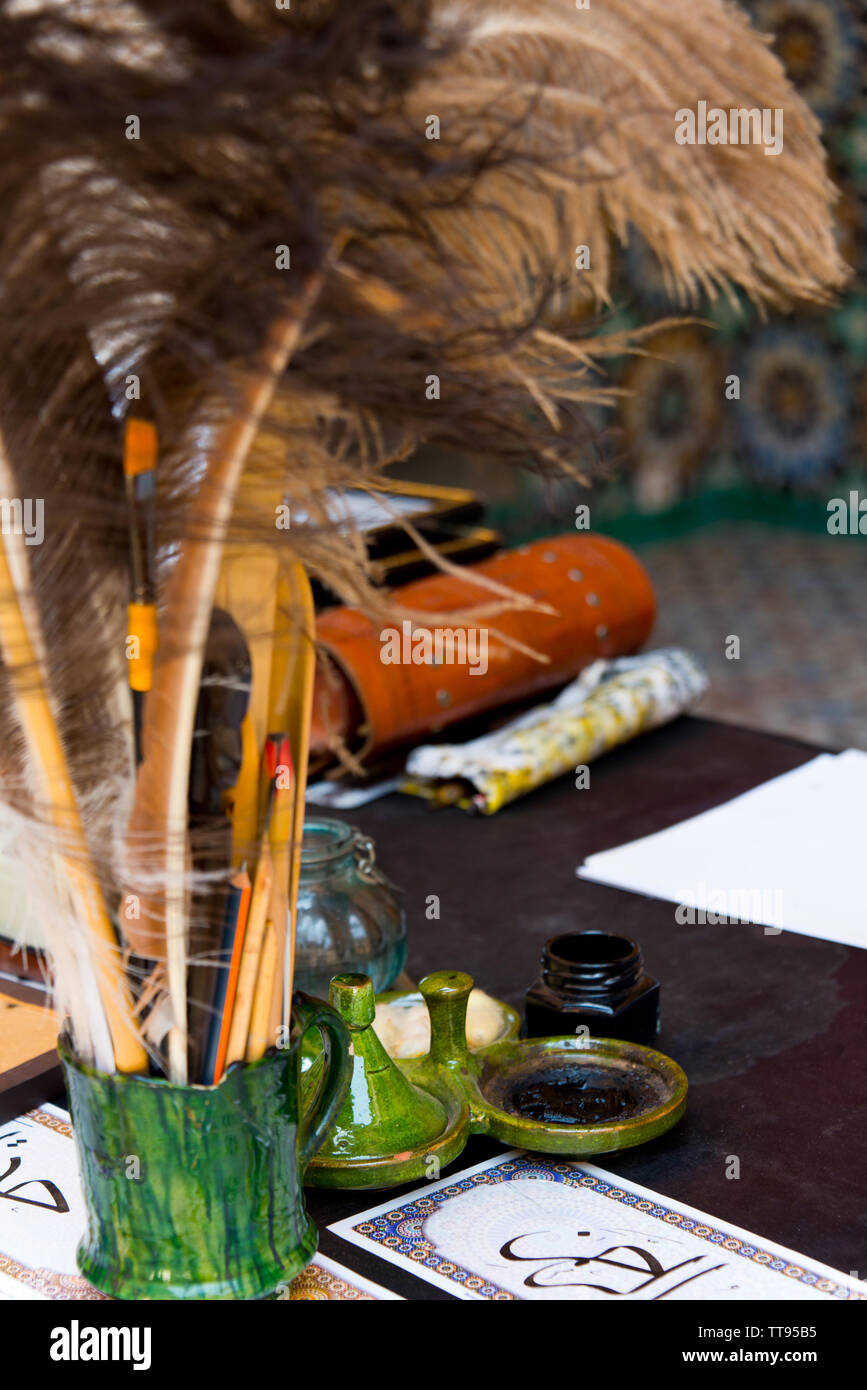 desk and tools of arabic calligrapher, marrakech, morocco Stock Photo Alamy