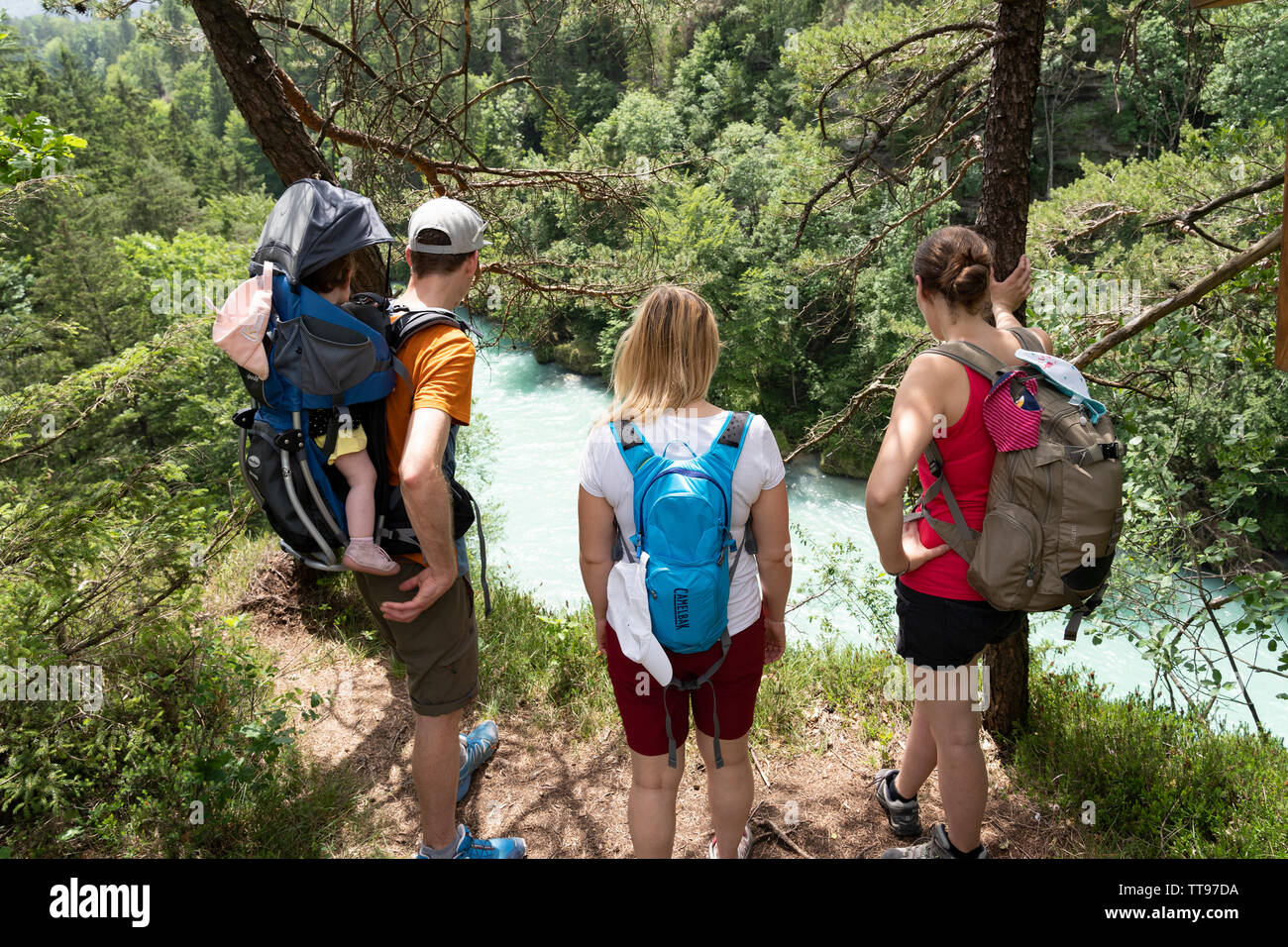 Trekkers looking down at the Steyr river in the Steyrschlucht, a popular trekking area in Upper Austria Stock Photo