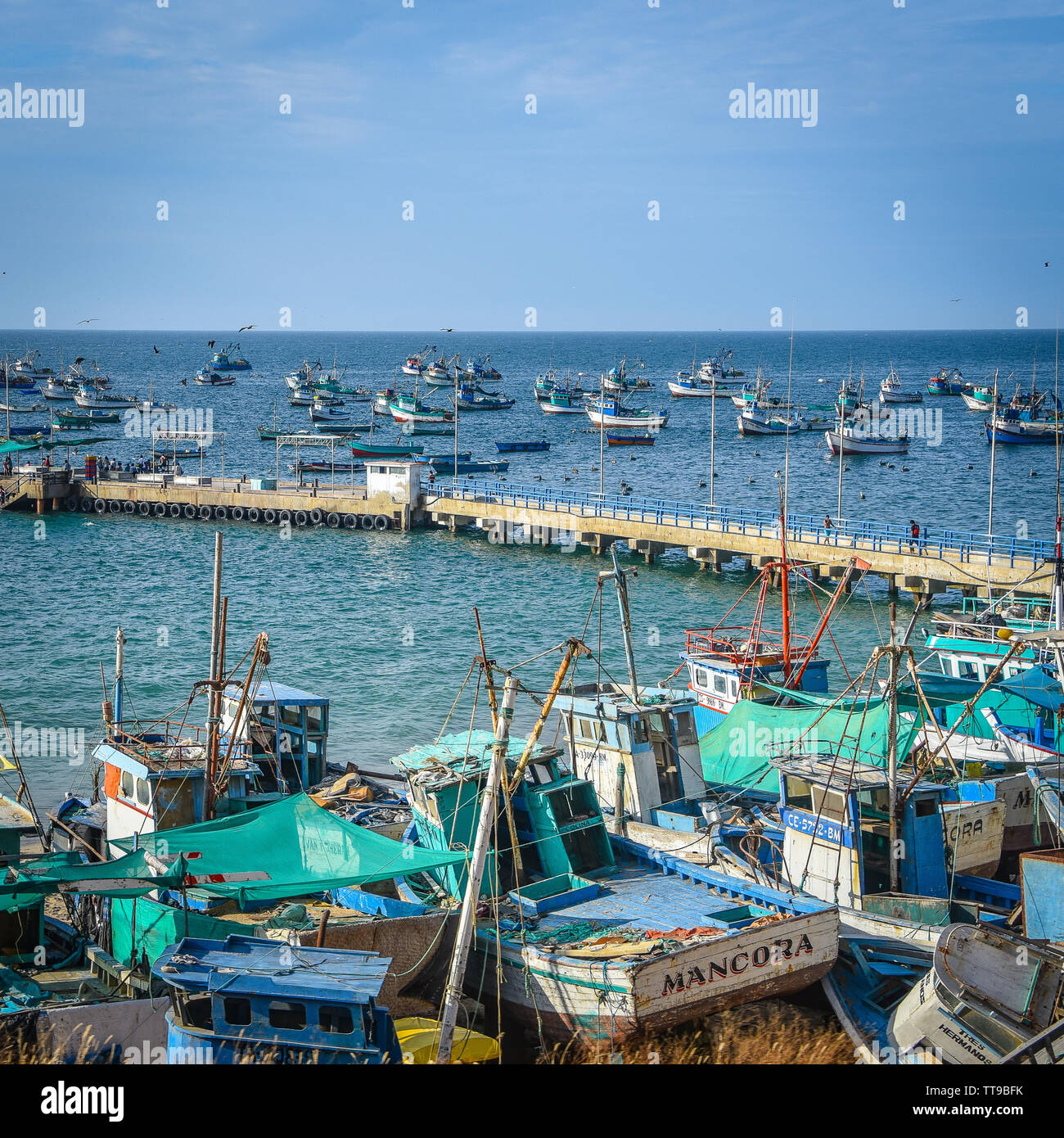 Mancora, Peru - April 18, 2019: Fishing boats in Mancora Marina Stock Photo