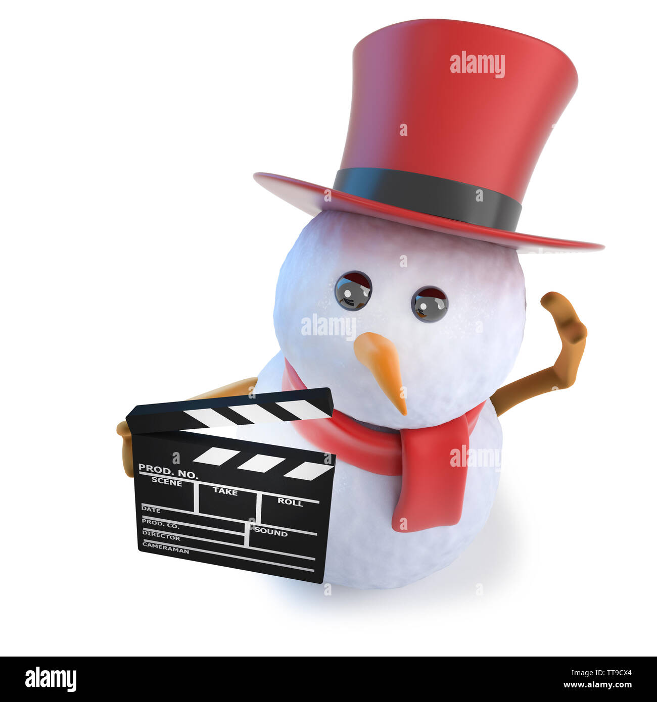 3d render of a funny cartoon snowman wearing a top hat and holding a ...