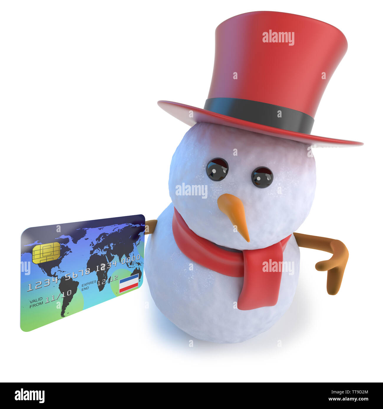3d render of a funny cartoon snowman in top hat holding a credit card ...