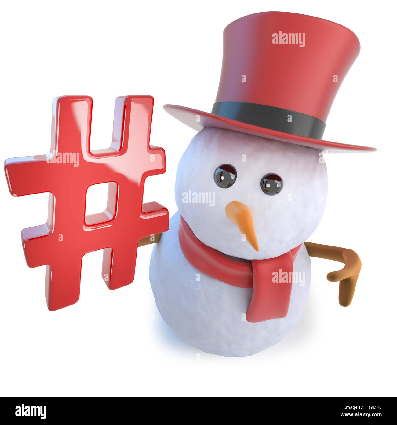 3d render of a funny cartoon snowman in top hat holding a hash tag ...