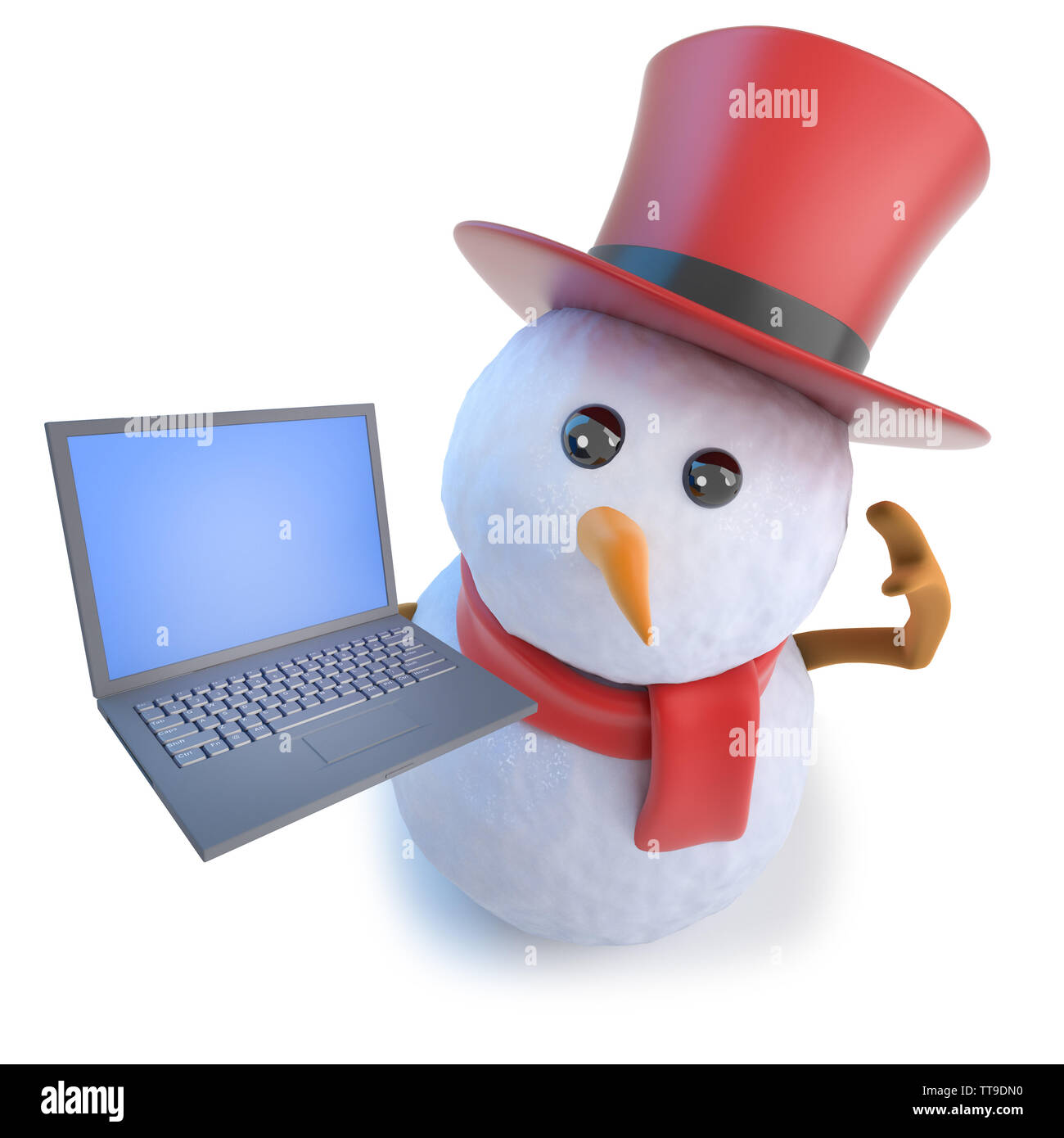 3d render of a funny cartoon snowman wearing a top hat and holding a laptop computer Stock Photo