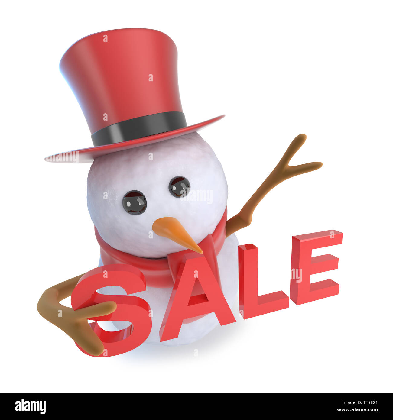 3d render of a funny cartoon snowman in top hat holding a sale symbol ...