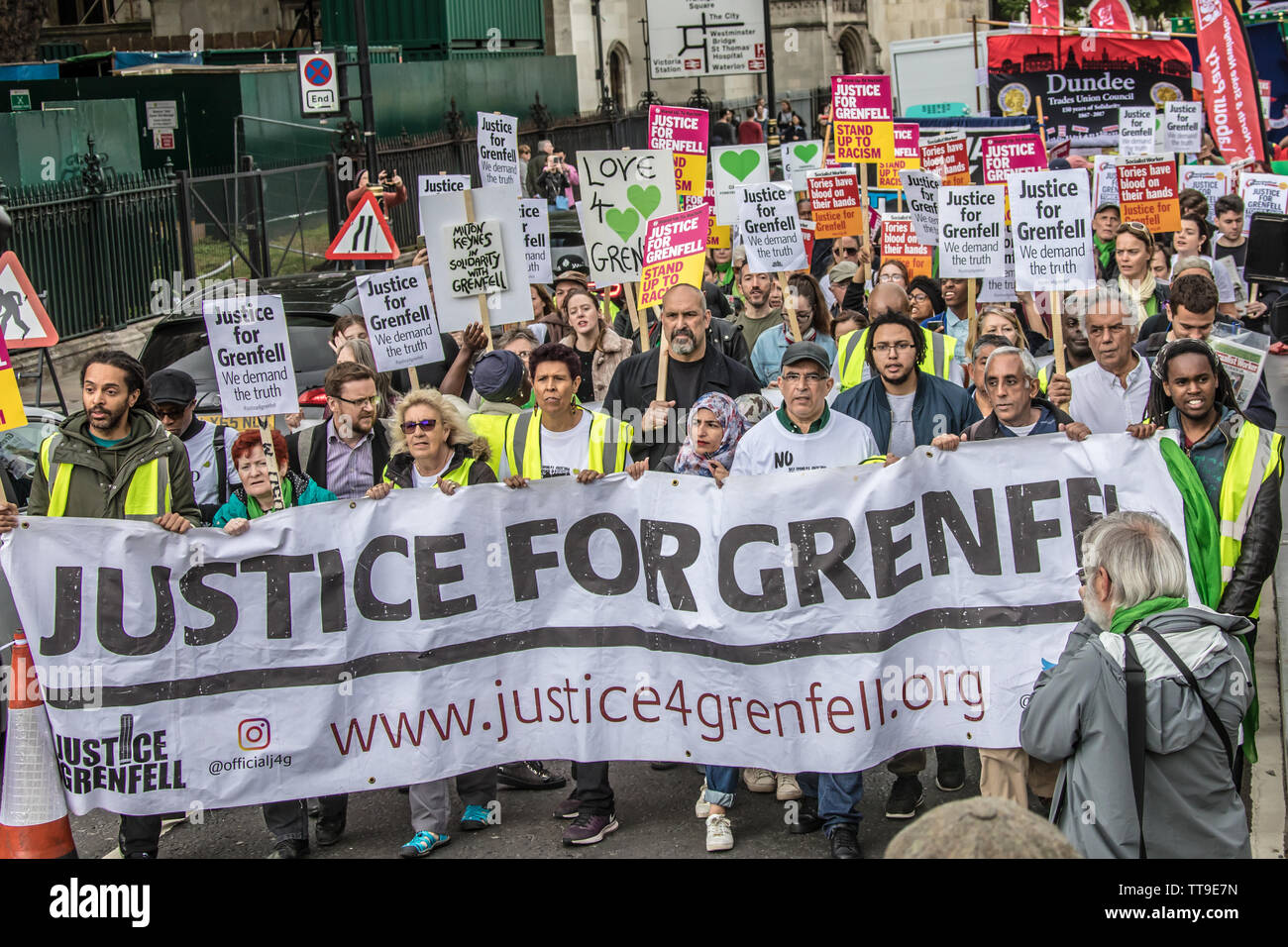 London, UK, 15 June, 2019. 'Justice for Grenfell' The main banner at the head of the march. Hundreds of demonstrators staged a protest in central London to demand justice on the second anniversary of the Grenfell Tower fire. David Rowe/ Alamy Live News Stock Photo