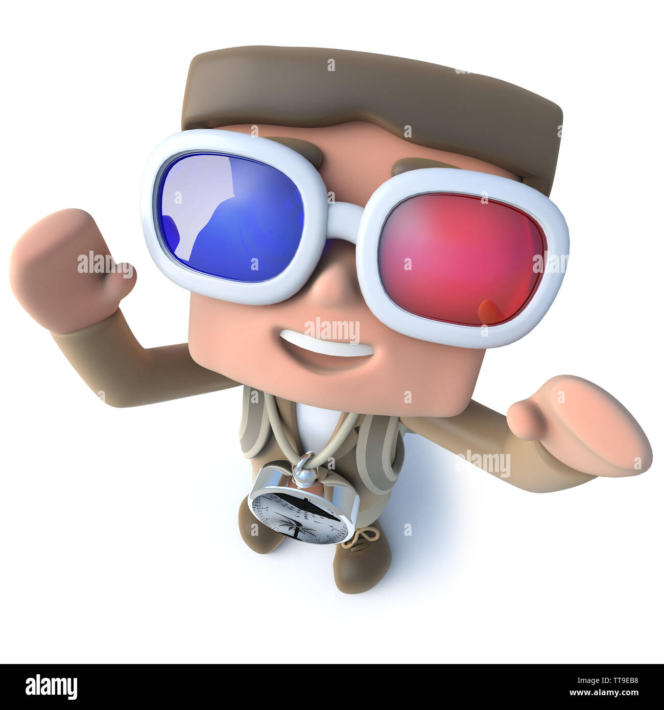 3d render of a funny cartoon explorer adventurer wearing 3d glasses Stock Photo