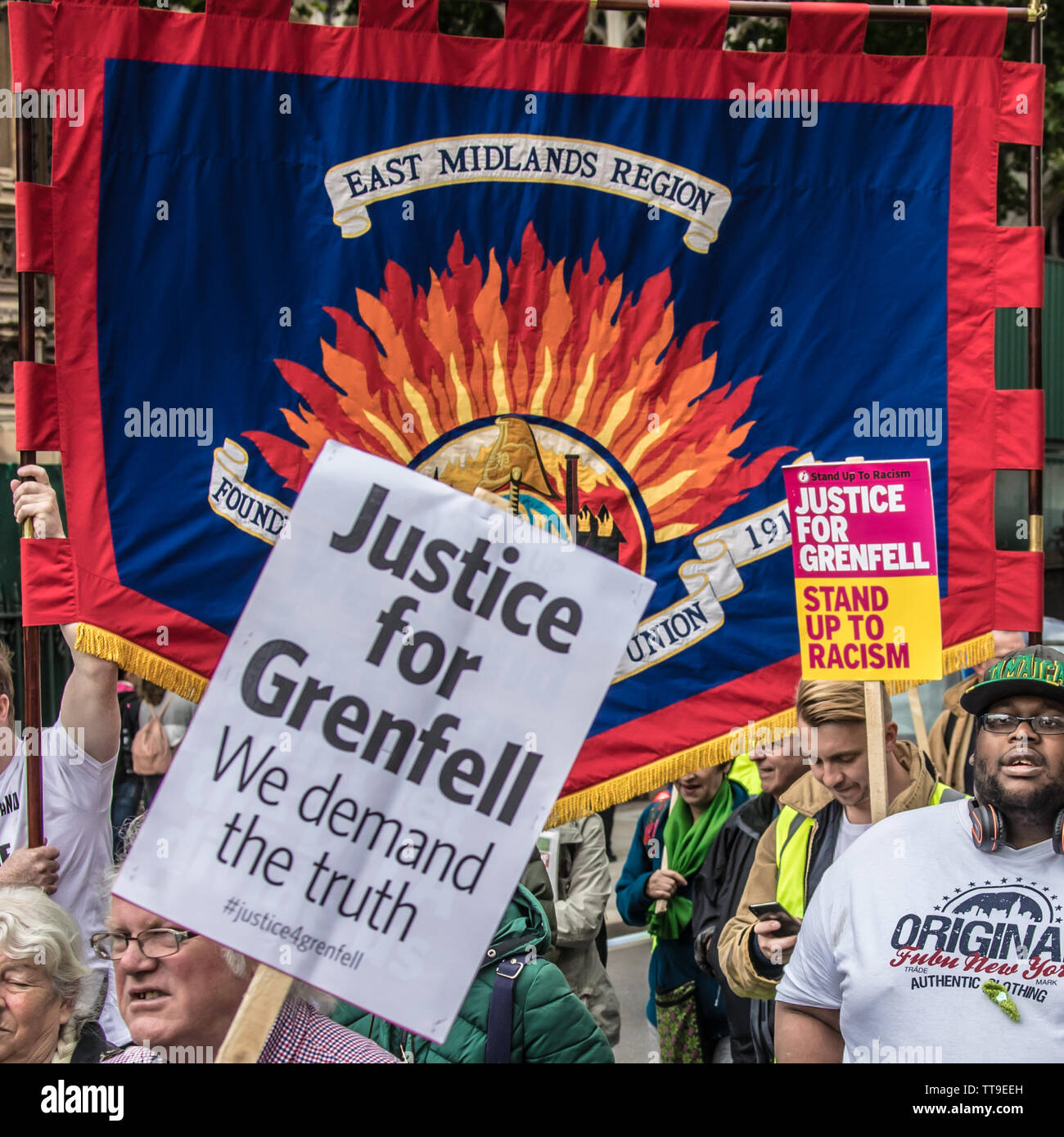 London, UK, 15 June, 2019. East Midlands FBU banner. Hundreds of demonstrators staged a protest in central London to demand justice on the second anniversary of the Grenfell Tower fire. David Rowe/ Alamy Live News Stock Photo