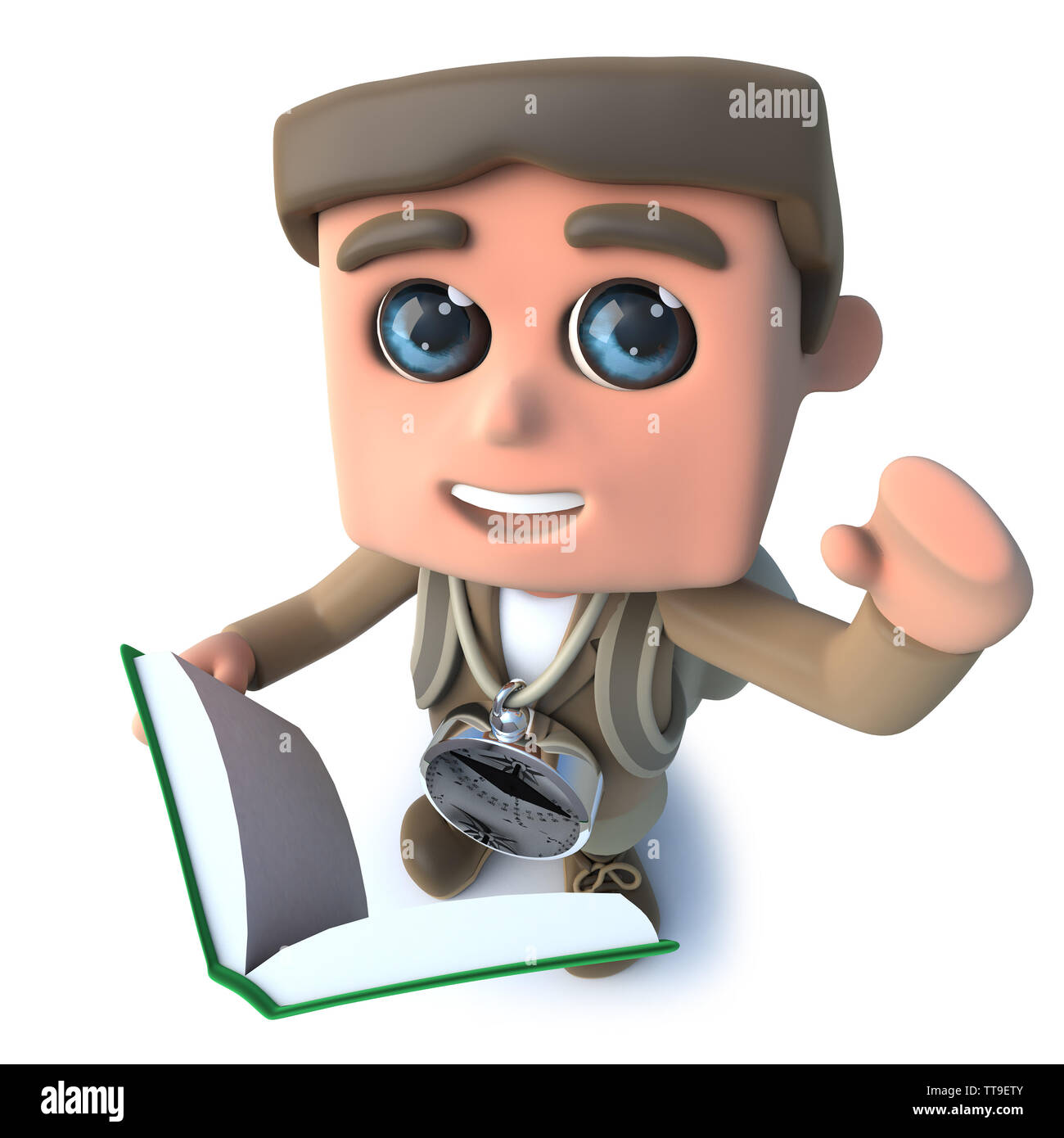 3d render of a funny cartoon hiker adventurer character reading a book Stock Photo