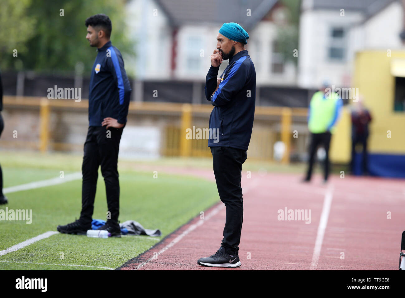 Barry, UK. 15th June, 2019. Manraj Singh Sucha, the manager of Panjab FA football team. Barry Town United v Panjab FA, football friendly match at Jenner Park in Barry, South Wales on Saturday 15th June 2019. Barry Town are using the match as preparation for their forthcoming European matches while the Panjab FA team play their 1st ever game in South Wales . pic by Andrew Orchard/Andrew Orchard sports photography/Alamy Live news Credit: Andrew Orchard sports photography/Alamy Live News Stock Photo