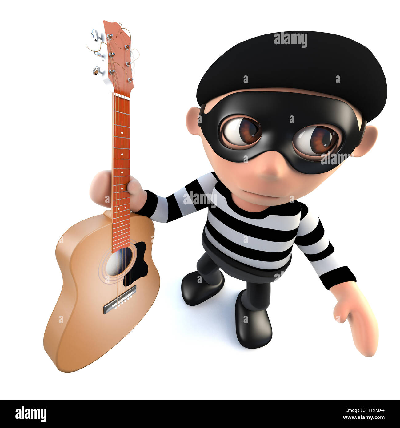 3d render of a funny cartoon burglar thief character stealing an acoustic guitar Stock Photo