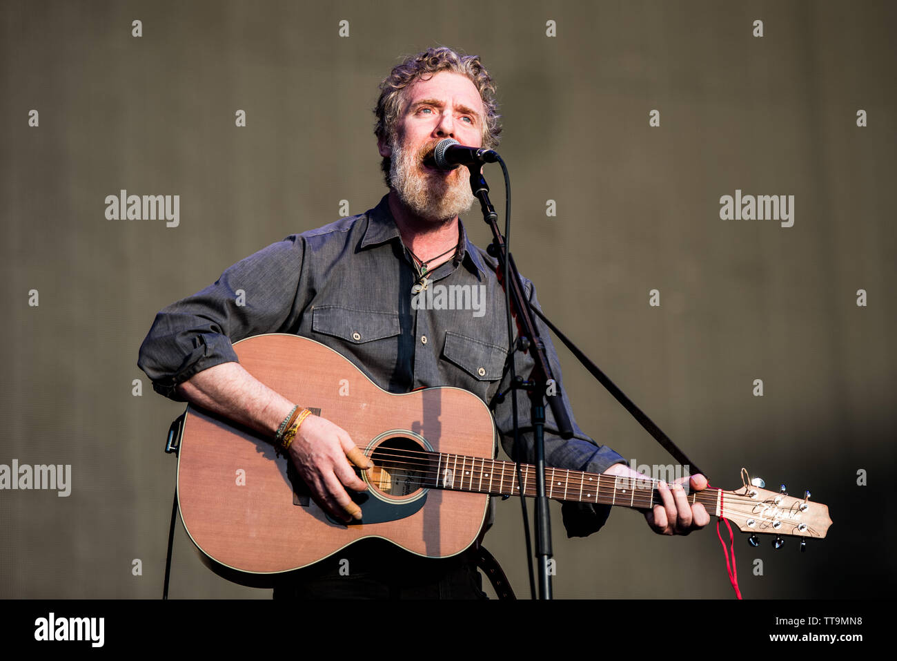 The irish singer Glen Hansard performing live on stage at the Firenze Rocks festival 2019 in Florence, Italy, opening for Eddie Vedder Stock Photo