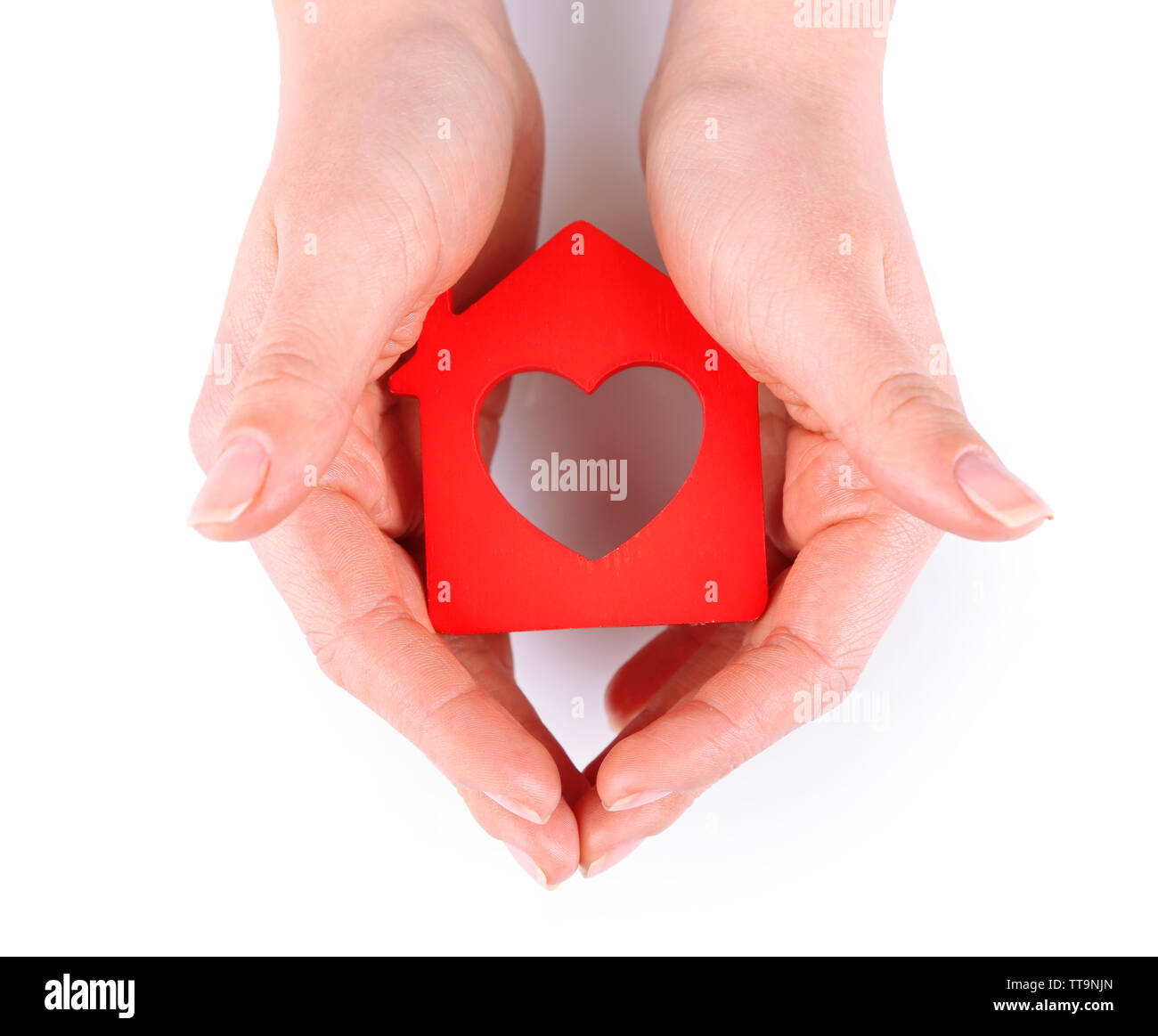 Female hands with model of house isolated on white Stock Photo - Alamy