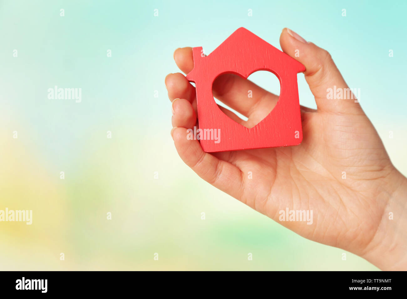 Female hand with model of house on blurred background Stock Photo - Alamy