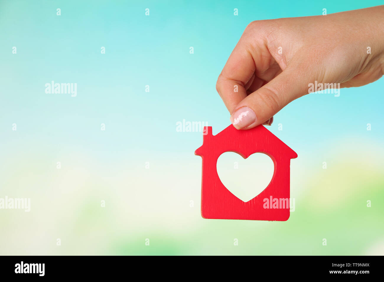 Female hand with model of house on blurred background Stock Photo - Alamy