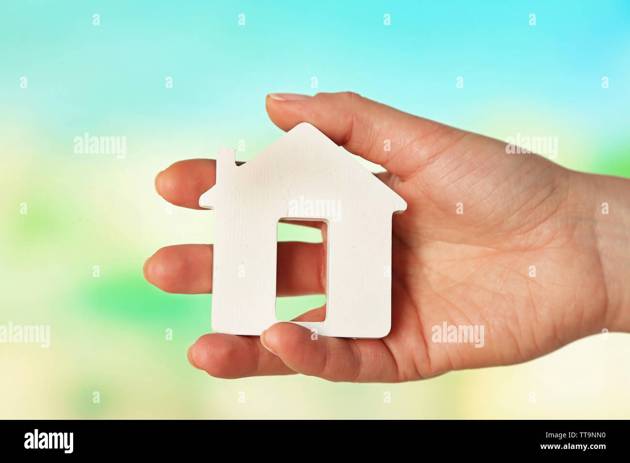 Female hand with model of house on blurred background Stock Photo - Alamy