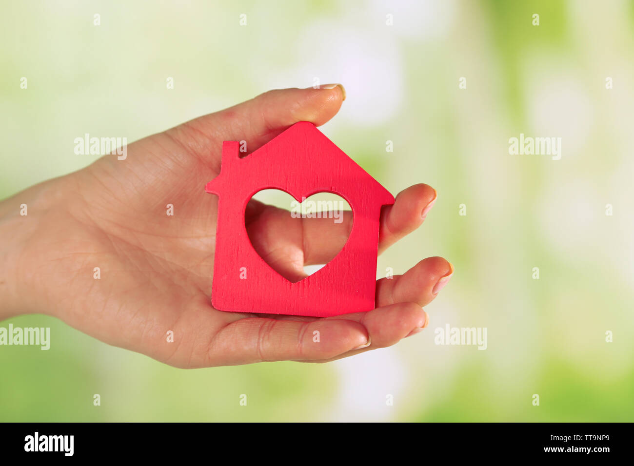 Female hand with model of house on blurred background Stock Photo - Alamy