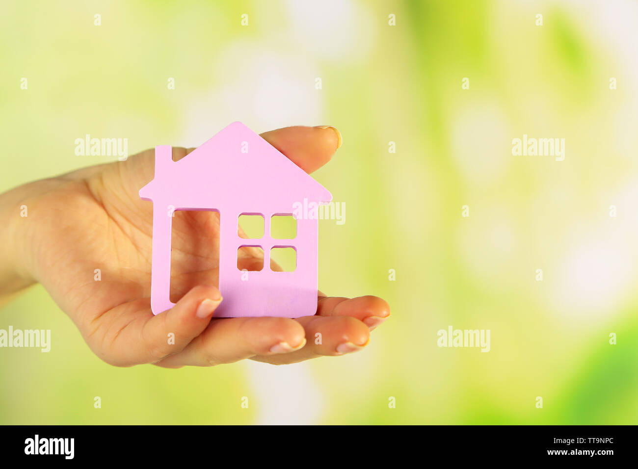 Female hand with model of house on blurred background Stock Photo - Alamy