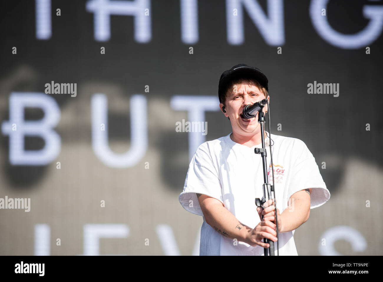 Conor Mason, singer of the British alternative rock band Nothing But Thieves performing live on stage at the Firenze Rocks festival 2019 in Florence, Stock Photo