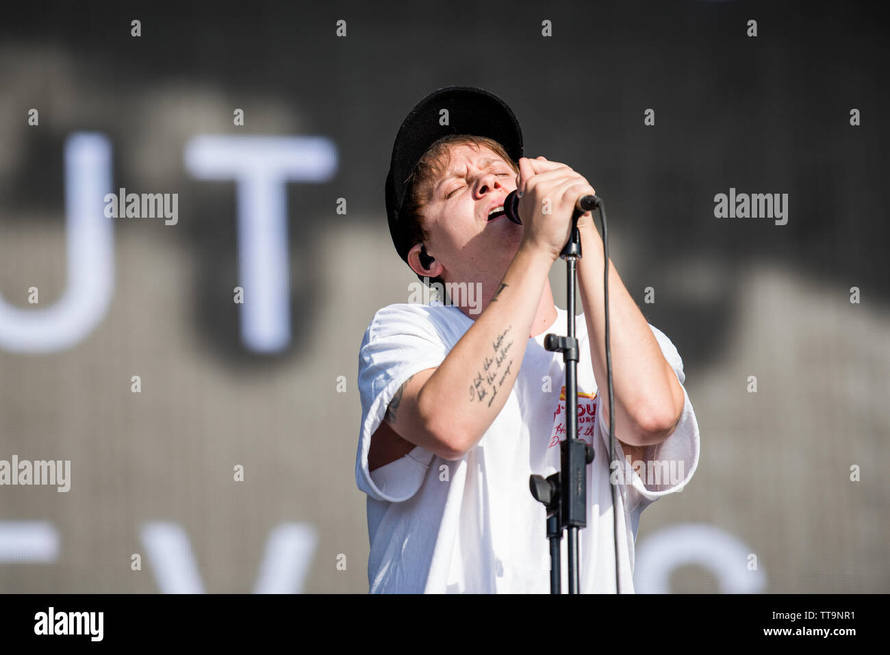 Conor Mason, singer of the British alternative rock band Nothing But Thieves performing live on stage at the Firenze Rocks festival 2019 in Florence, Stock Photo