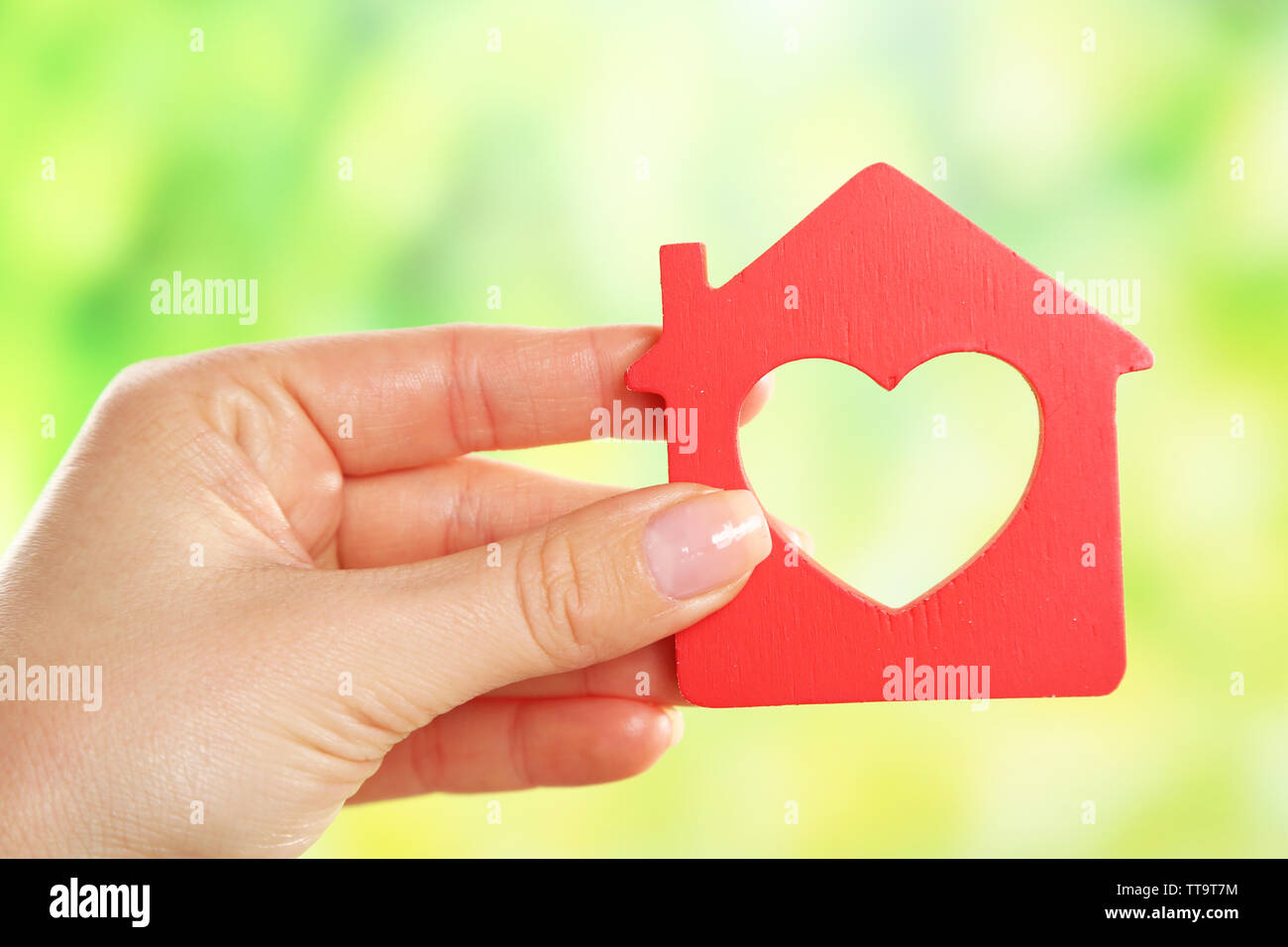 Female hand holding model of house on bright background Stock Photo - Alamy