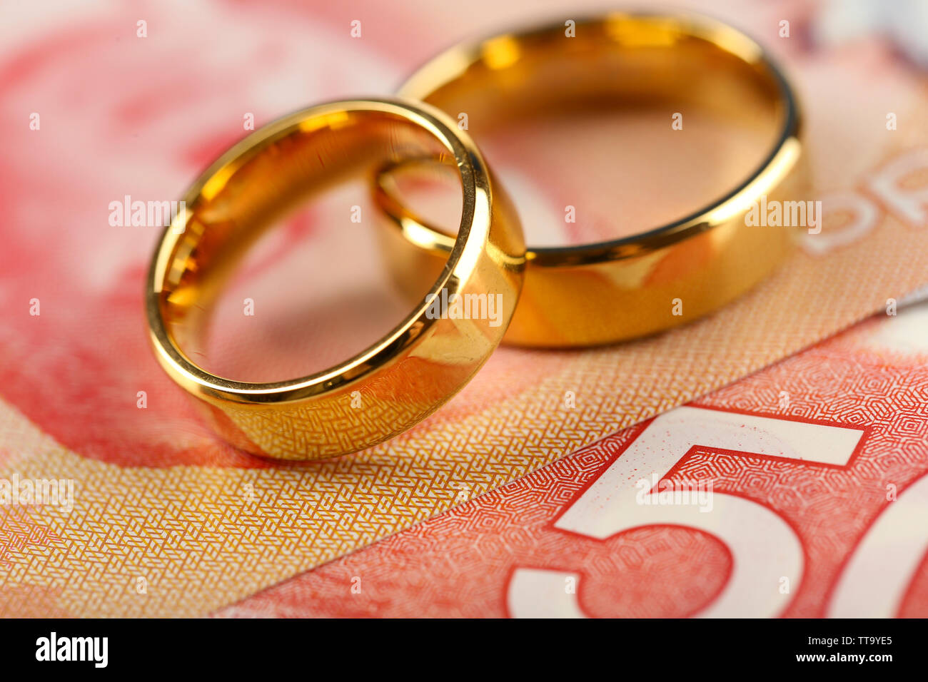 Golden Wedding Rings On Banknotes Background Marriage Of Convenience Stock Photo Alamy