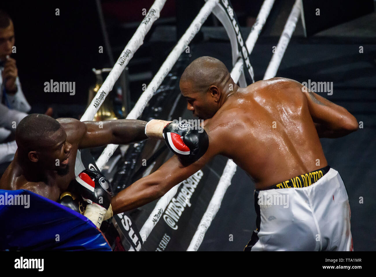 Riga, Latvia. 15th of June, 2019. American boxer Andrew Tabiti and Cuban boxer  Yunier Dorticos, during WORLD BOXING SUPER SERIES Semi Final fight between  Cuban boxer Yunier Dorticos and American boxer Andrew