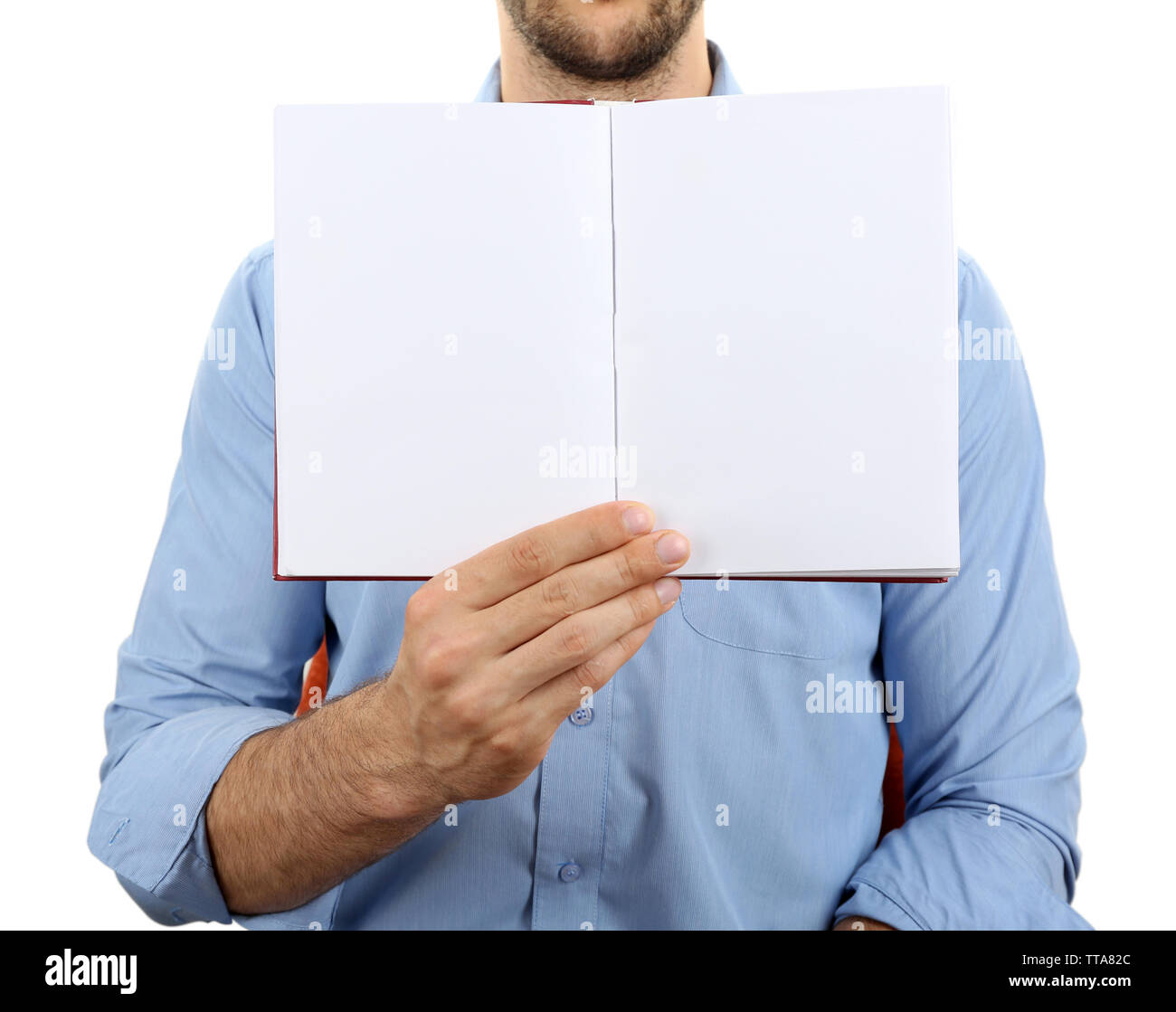 Man holding book isolated on white Stock Photo