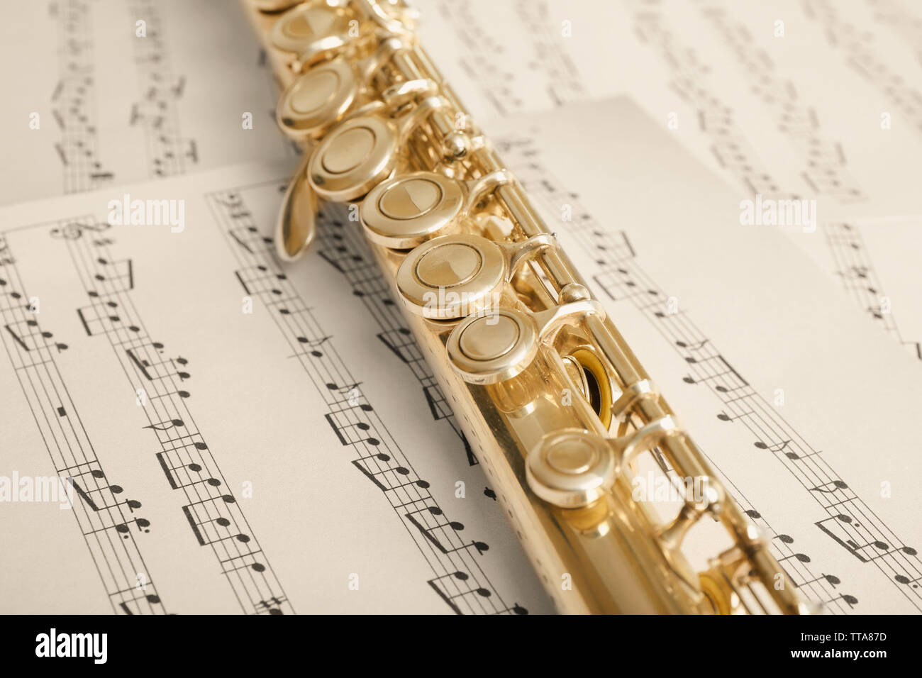 Flute on music notes background Stock Photo - Alamy
