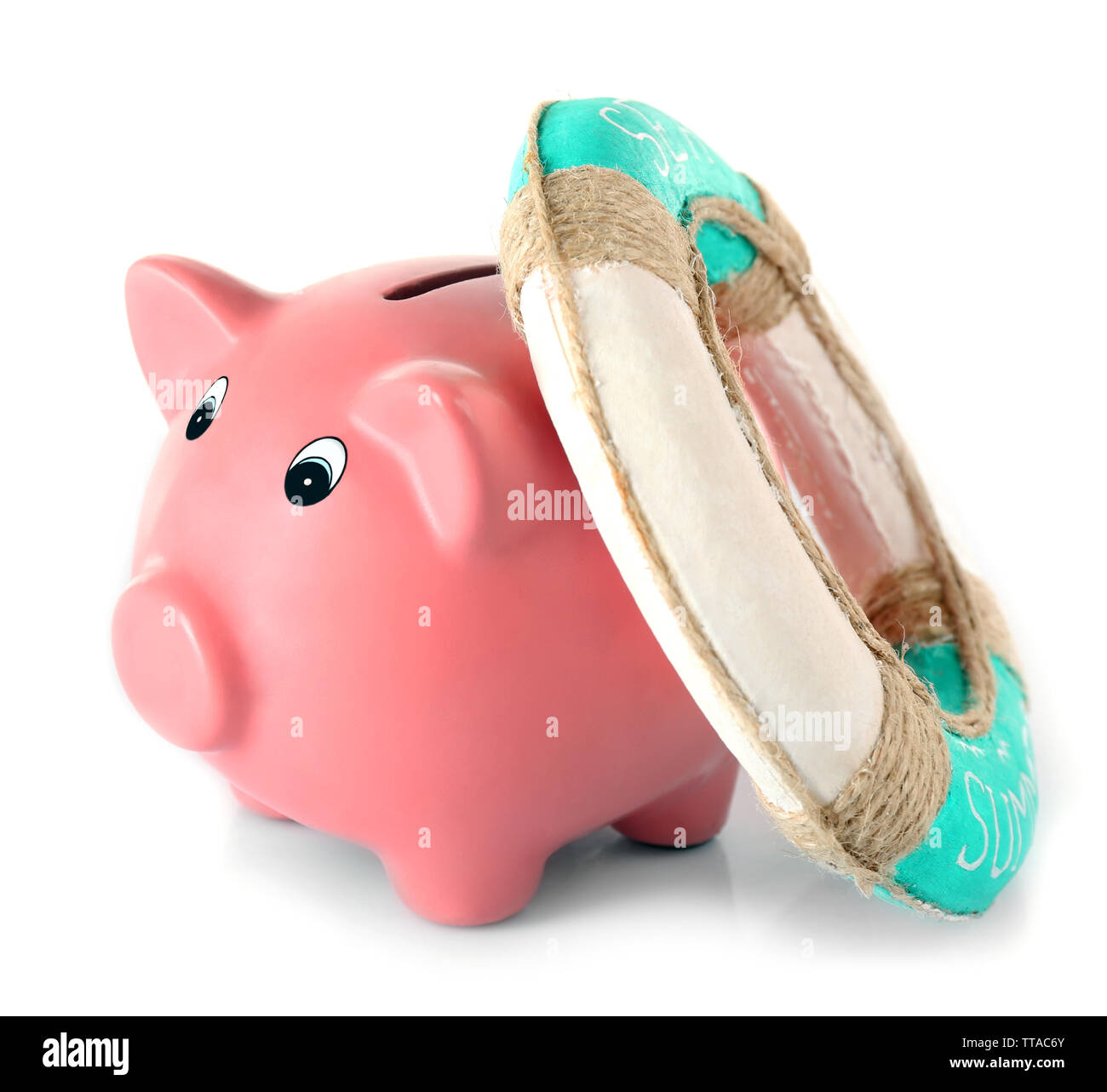 Piggy bank with lifebuoy isolated on white Stock Photo - Alamy