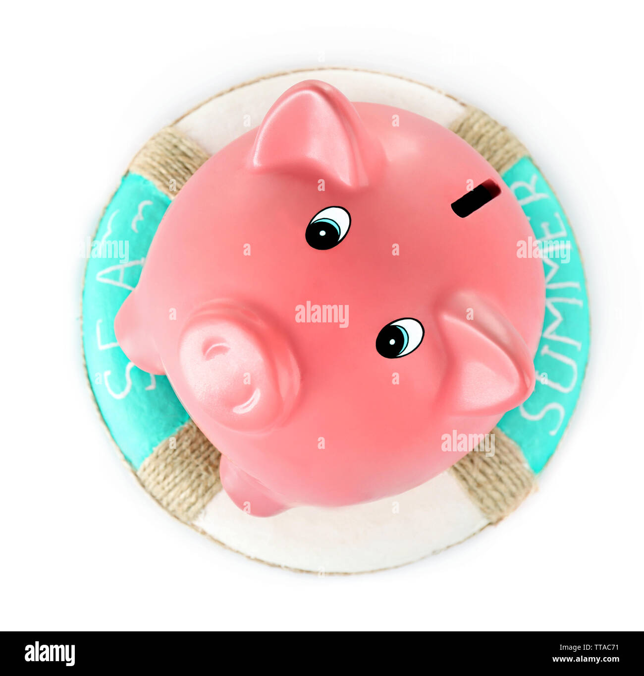 Piggy bank with lifebuoy isolated on white Stock Photo - Alamy