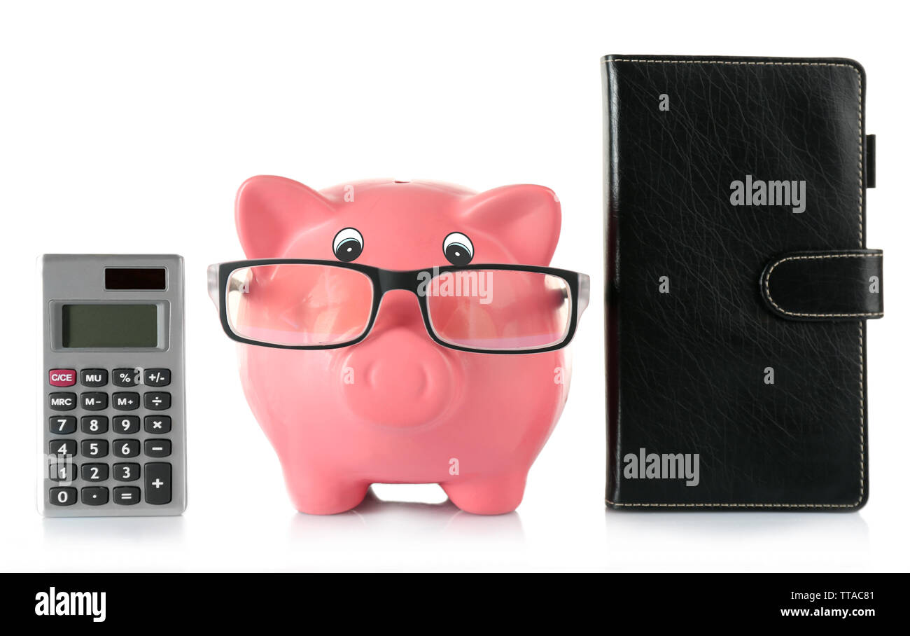Piggy bank with glasses and calculator isolated on white Stock Photo ...