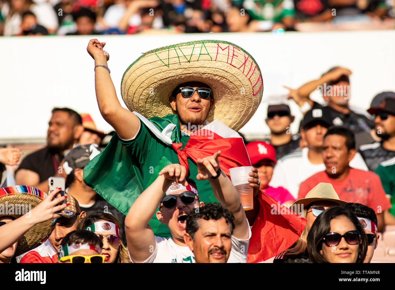 Pasadena, USA. 15th June, 2019. Mexico fans came out in force to see their team dominate Cuba in their opening match of the Gold Cup. Credit: Ben Nichols/Alamy Live News Stock Photo