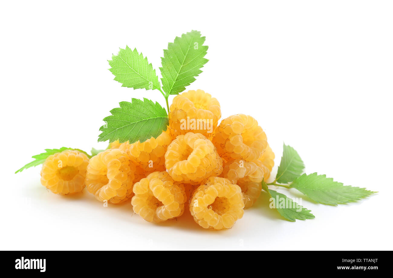 Yellow Rasperries Yellow raspberries with green leaves isolated on white Stock Photo - Alamy