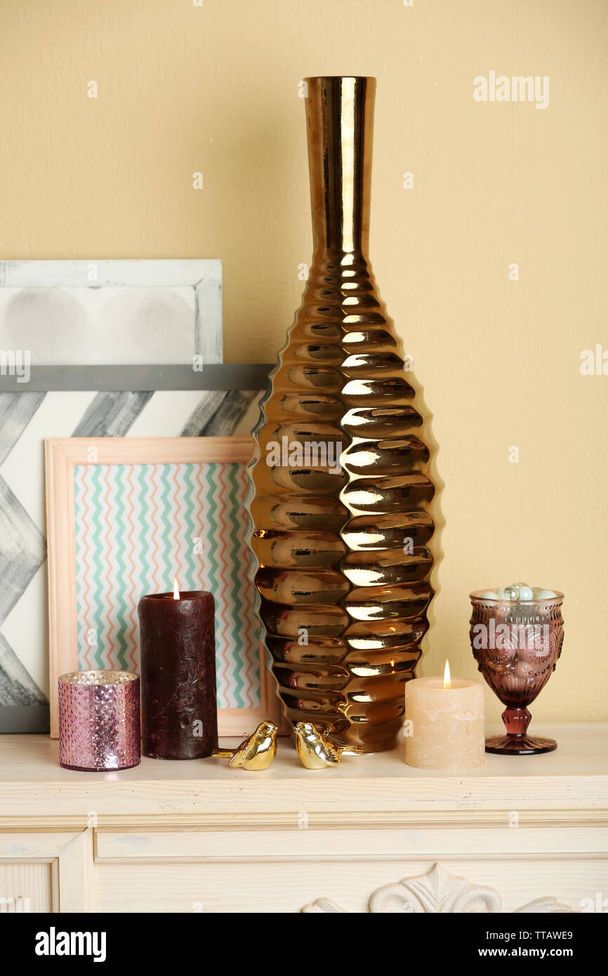 Modern Vase With Decor On Fireplace In Room Stock Photo 255936417