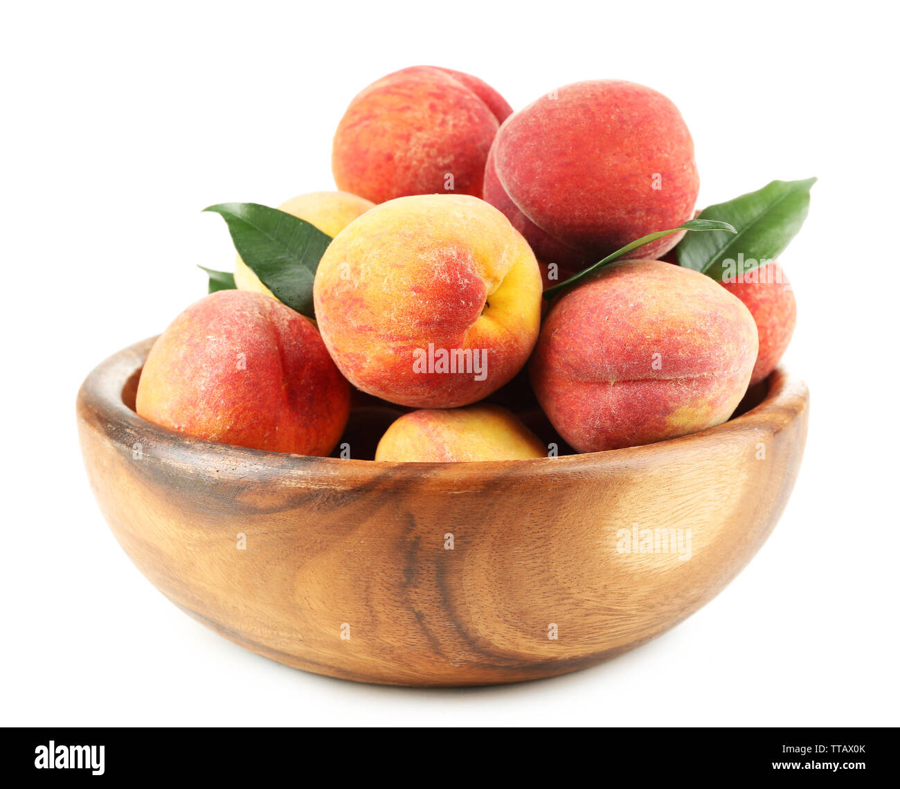 Ripe peaches in bowl isolated on white Stock Photo Alamy