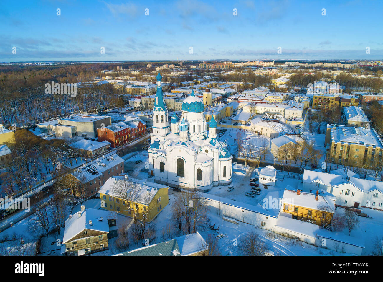 Pokrovsky Cathedral close-up in a winter cityscape (aerial photography). Gatchina, Russia Stock Photo