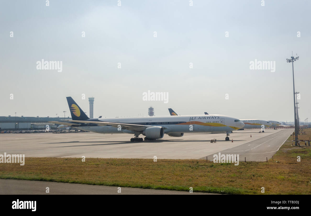Grounded Jet Airways Boeing 777 - 300ER Aircrafts seen parked at Indira Gandhi International Airport, Delhi, India after company's financial problems. Stock Photo