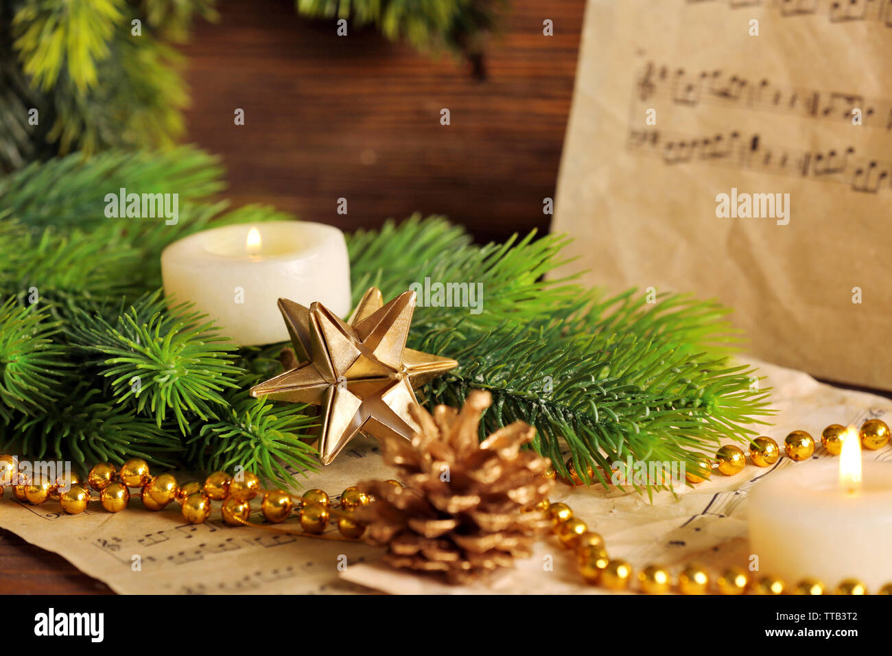 Music notes with Christmas decoration close up Stock Photo - Alamy