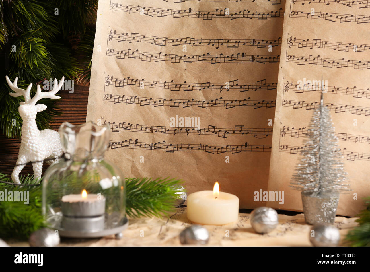 Music notes with Christmas decoration close up Stock Photo - Alamy
