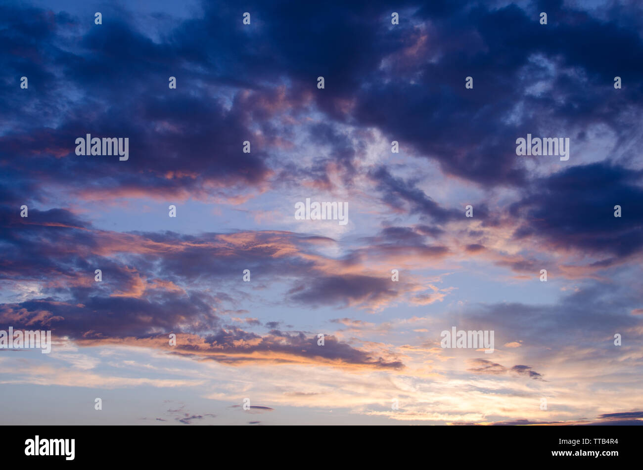 Bright Cumulus clouds in sunset light after the rain Stock Photo