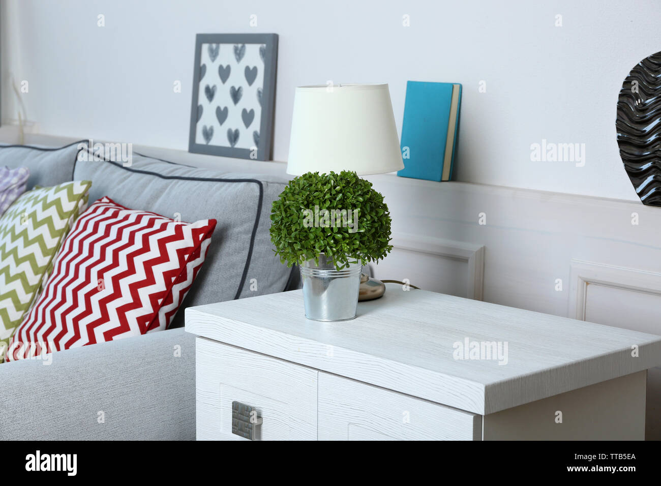 Beautiful modern living room with grey sofa Stock Photo Alamy