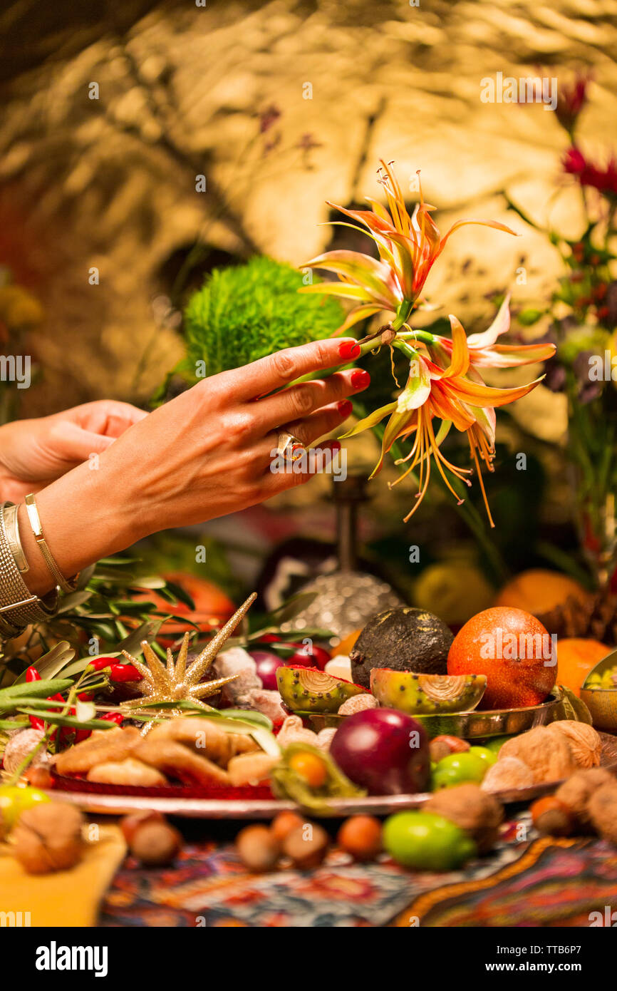 Hand holding flowers in front of autumn crops Stock Photo