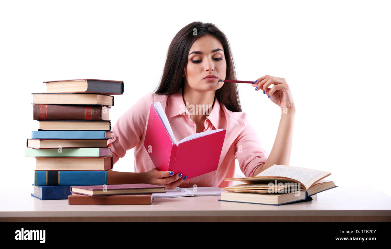 Young girl reading book isolated on white Stock Photo - Alamy