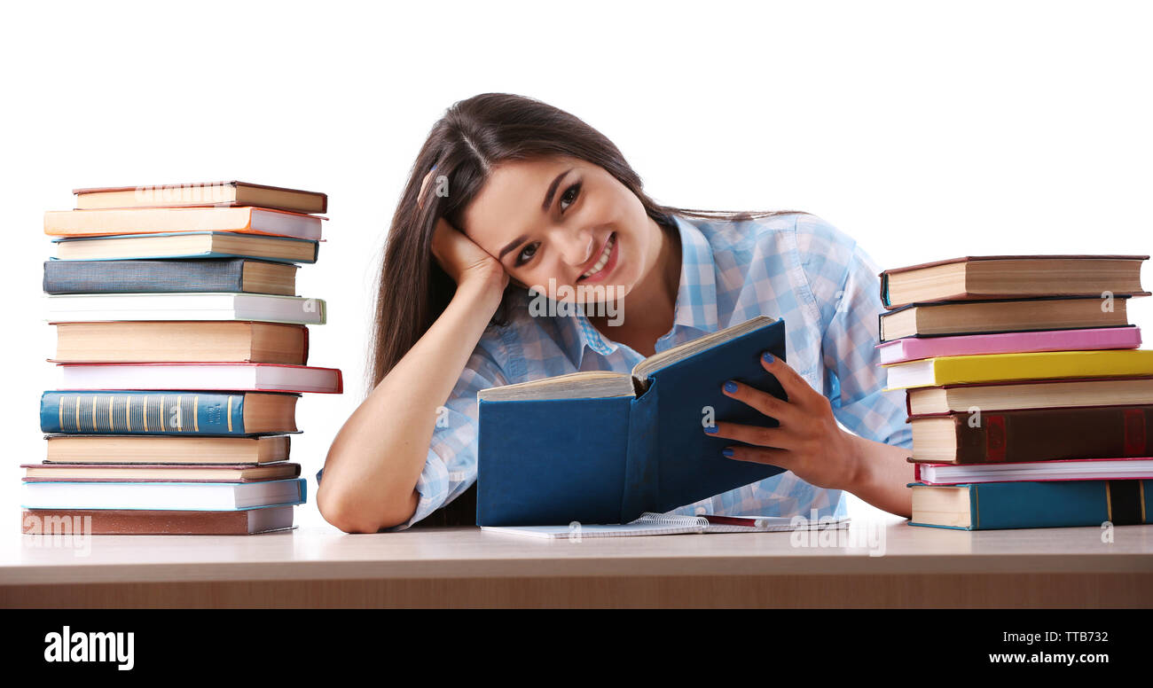 Young girl with books isolated on white Stock Photo - Alamy