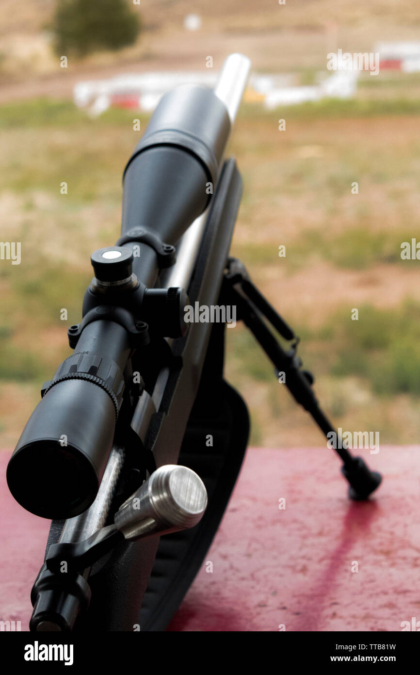 Close up image of a 22 caliber hunting rifle during a sports competition in North of México shooting range. Club de Caza Tiro y Pesca  N.C.G Stock Photo