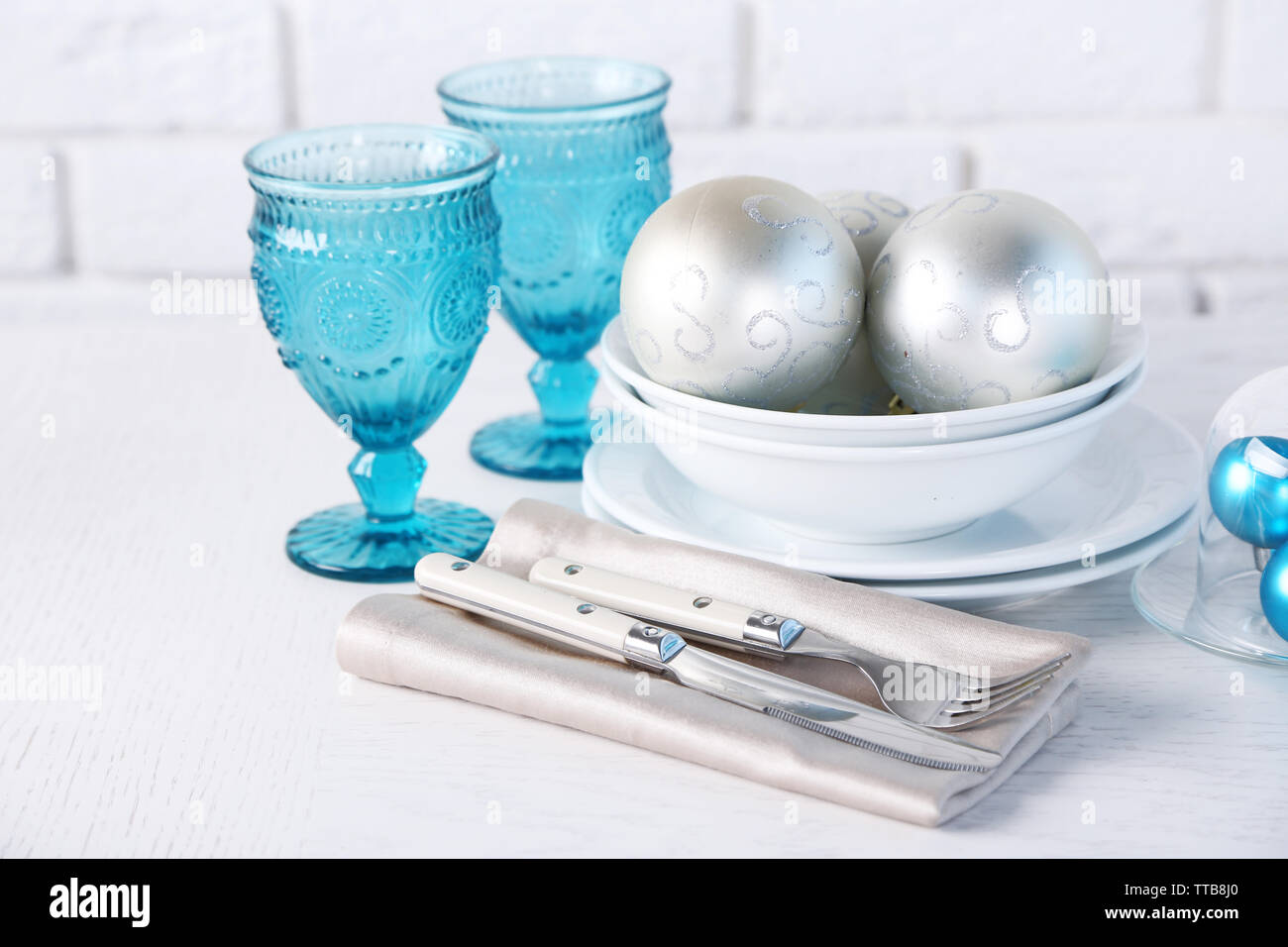 Decorated Christmas table setting. Christmas menu concept Stock Photo