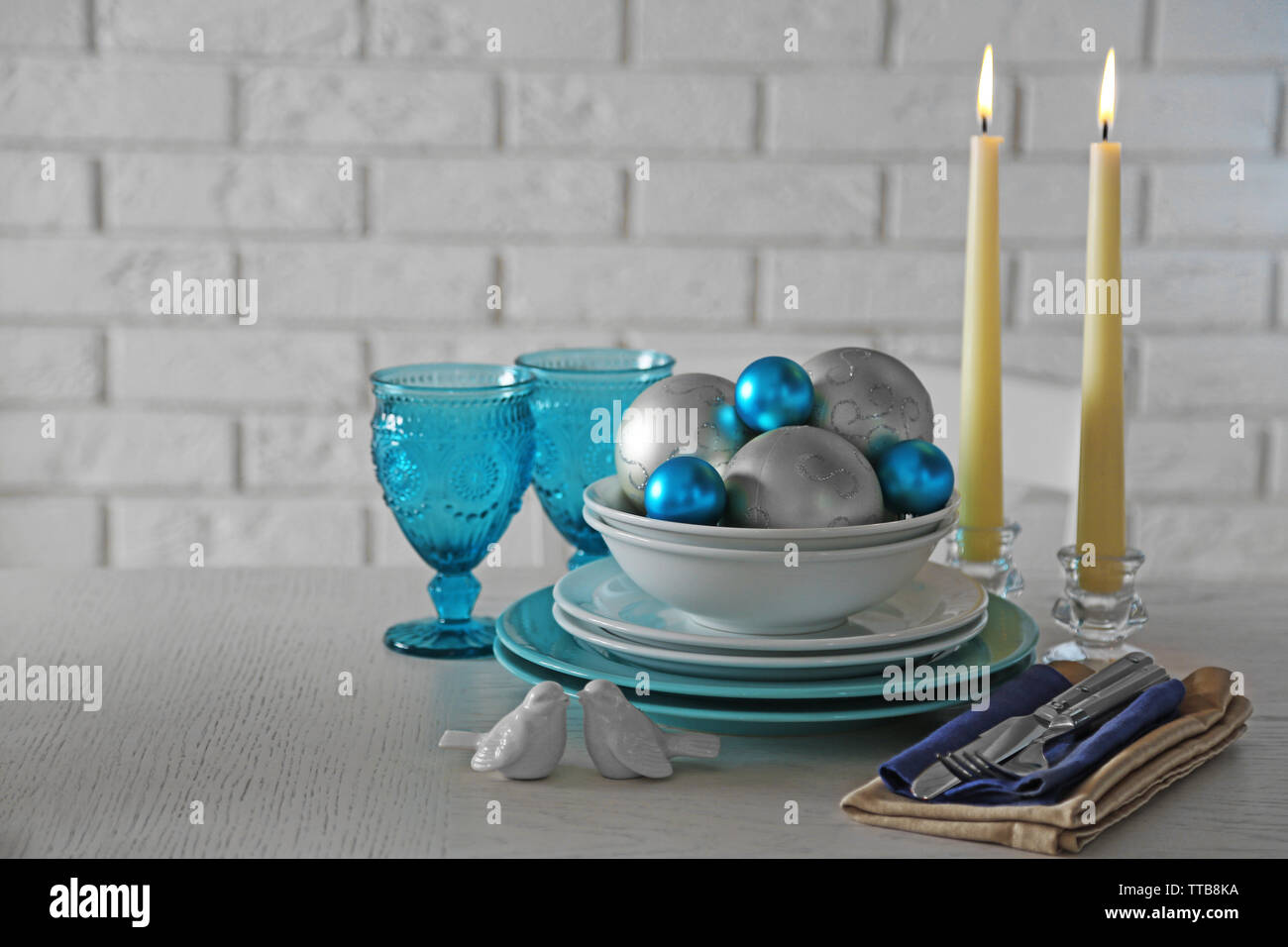 Decorated Christmas table setting. Christmas menu concept Stock Photo